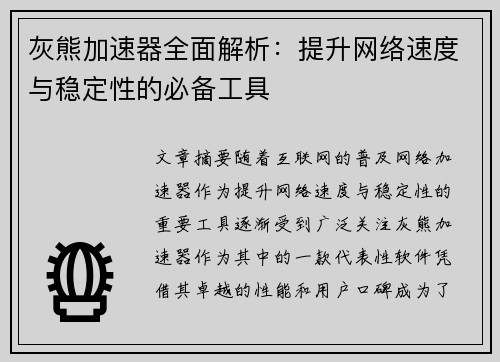灰熊加速器全面解析：提升网络速度与稳定性的必备工具
